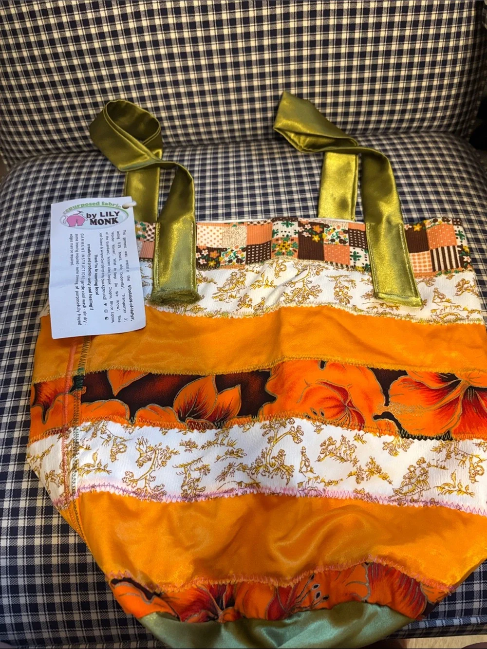 Vibrant Orange Floral handmade Patchwork Tote with Olive Satin Handles
